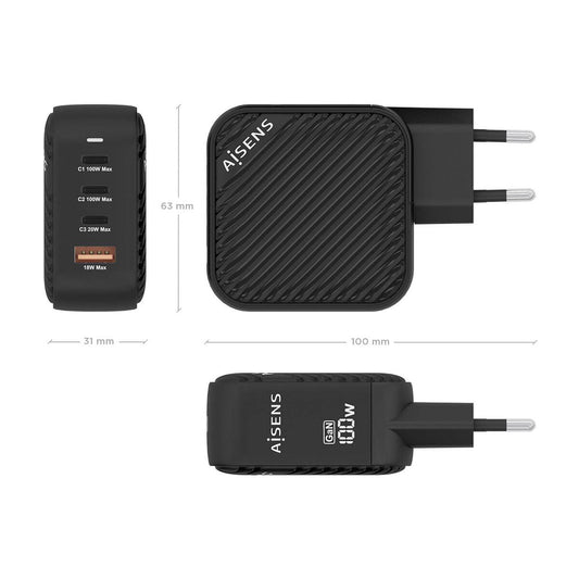 Wall Charger Aisens ASCH - 100W4P029 - BK 100 W Black (1 Unit) - GearHaus
