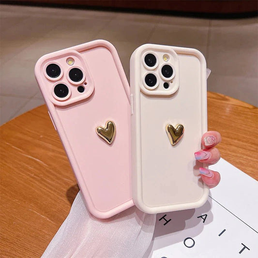 3D Gold Heart Silicone Soft Phone Case For iPhone 15 14 13 12 11 16 17 Pro Max XS XR 7 8 Plus SE Shockproof Candy Matte Cover - GearHaus