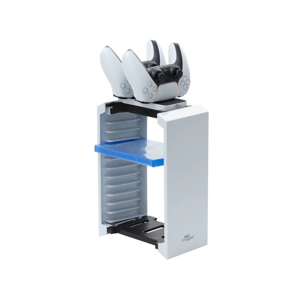 Statie dubla pentru incarcare controller + organizator jocuri, FROGGIEX, Compatibil cu PlayStation 5, Alb/Negru (FX - P5 - C2 - W) - GearHaus