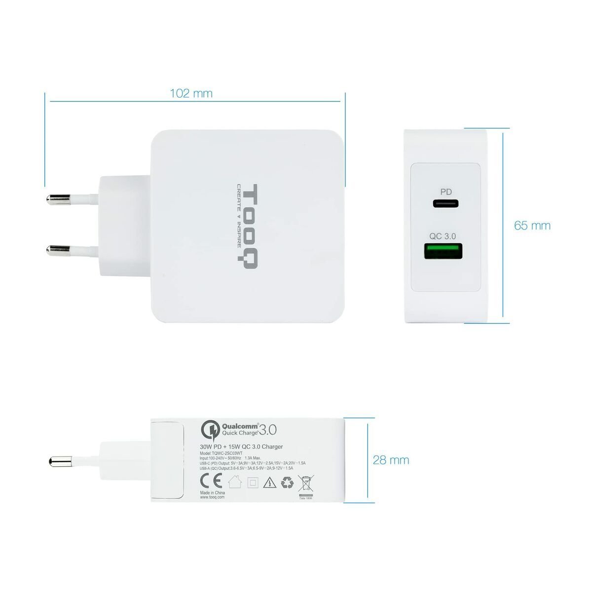 USB Wall Charger TooQ TQWC - 2SC03WT White 48 W - GearHaus