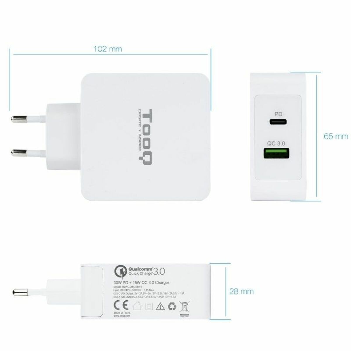 USB Wall Charger TooQ TQWC - 2SC03WT White 48 W - GearHaus