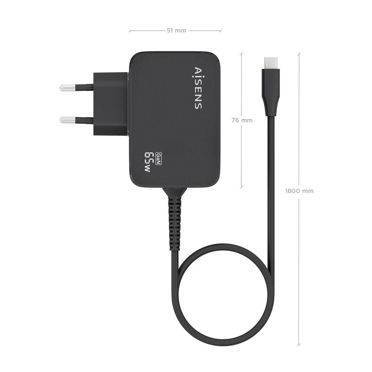 Wall Charger Aisens ASCH - 1PD65WL033 - BK Black 65 W (1 Unit) - GearHaus