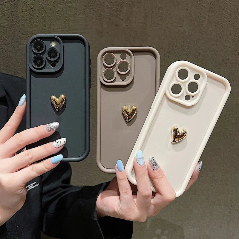 3D Gold Heart Silicone Soft Phone Case For iPhone 15 14 13 12 11 16 17 Pro Max XS XR 7 8 Plus SE Shockproof Candy Matte Cover - GearHaus
