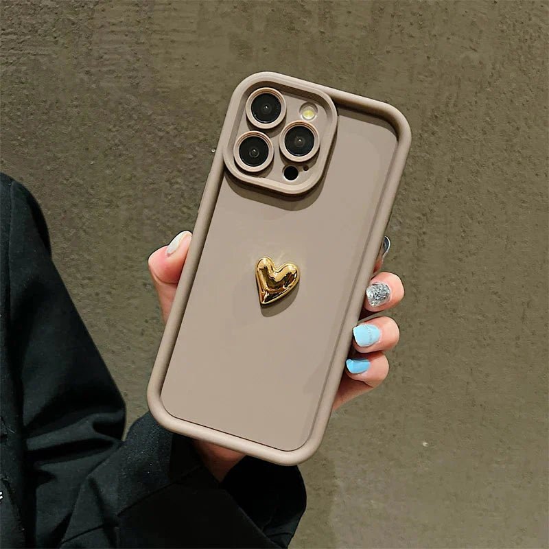 3D Gold Heart Silicone Soft Phone Case For iPhone 15 14 13 12 11 16 17 Pro Max XS XR 7 8 Plus SE Shockproof Candy Matte Cover - GearHaus