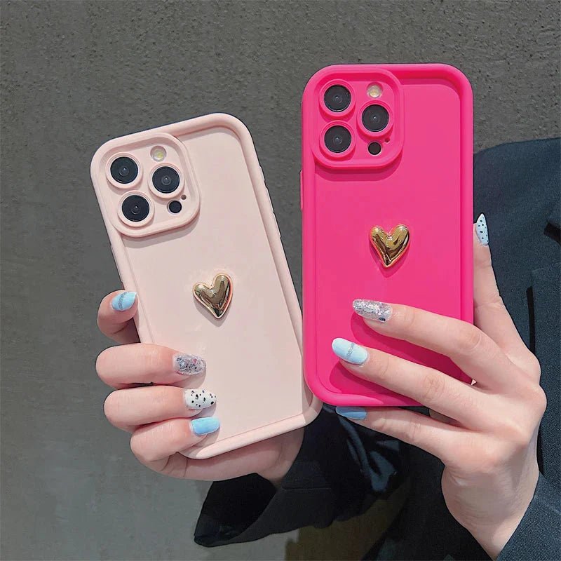 3D Gold Heart Silicone Soft Phone Case For iPhone 15 14 13 12 11 16 17 Pro Max XS XR 7 8 Plus SE Shockproof Candy Matte Cover - GearHaus
