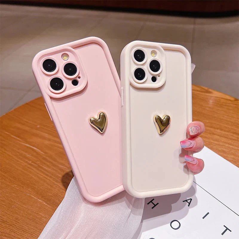 3D Gold Heart Silicone Soft Phone Case For iPhone 15 14 13 12 11 16 17 Pro Max XS XR 7 8 Plus SE Shockproof Candy Matte Cover - GearHaus