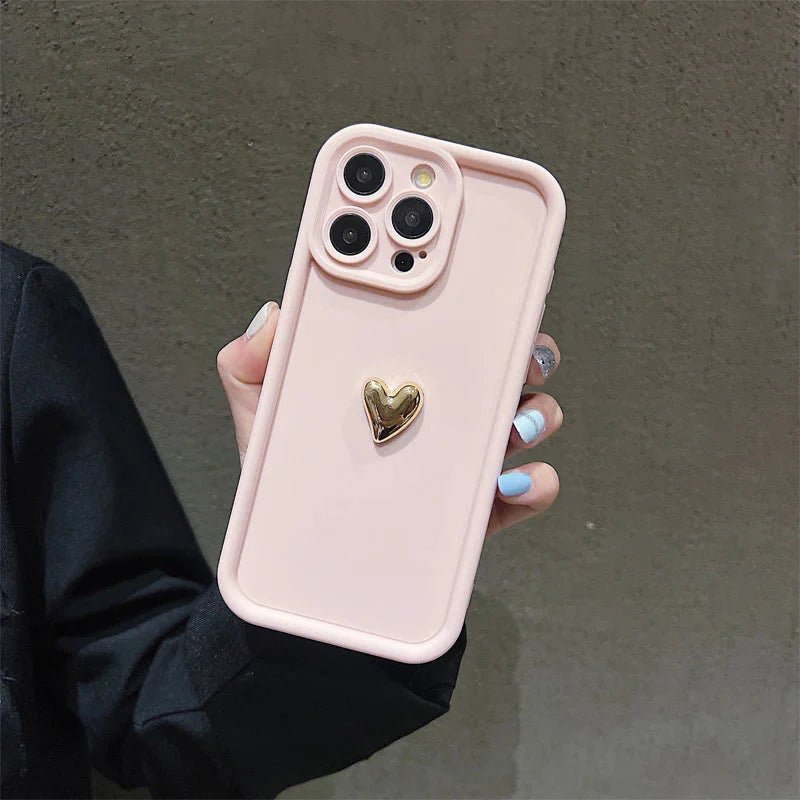 3D Gold Heart Silicone Soft Phone Case For iPhone 15 14 13 12 11 16 17 Pro Max XS XR 7 8 Plus SE Shockproof Candy Matte Cover - GearHaus