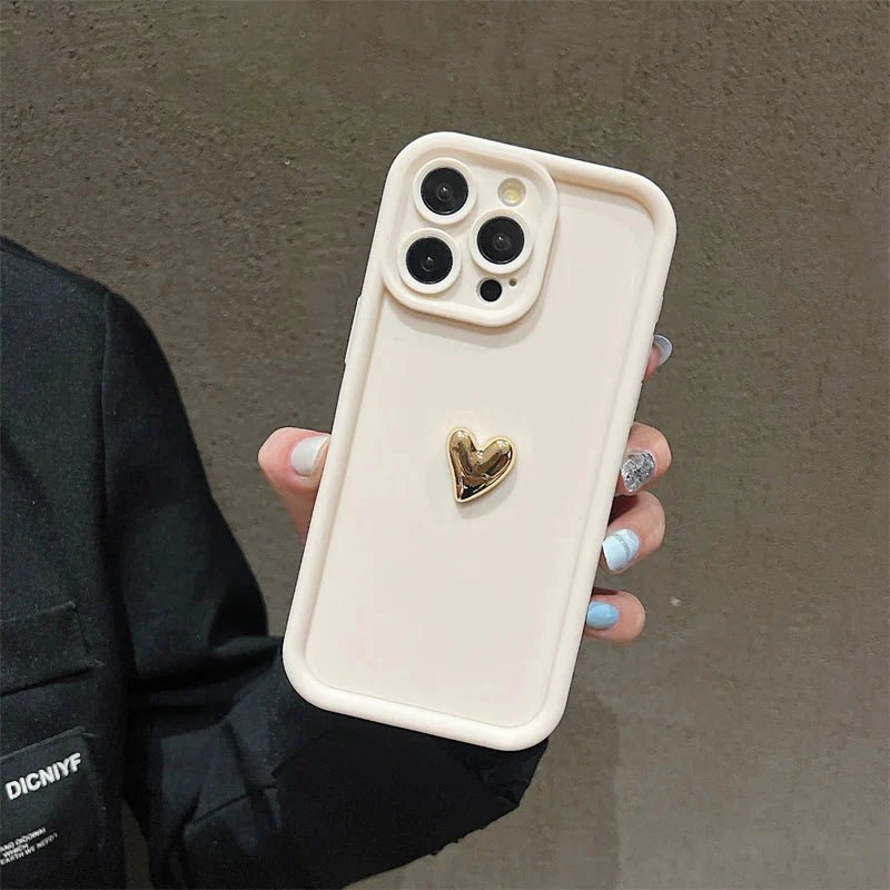3D Gold Heart Silicone Soft Phone Case For iPhone 15 14 13 12 11 16 17 Pro Max XS XR 7 8 Plus SE Shockproof Candy Matte Cover - GearHaus