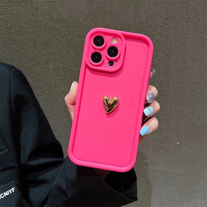 3D Gold Heart Silicone Soft Phone Case For iPhone 15 14 13 12 11 16 17 Pro Max XS XR 7 8 Plus SE Shockproof Candy Matte Cover - GearHaus